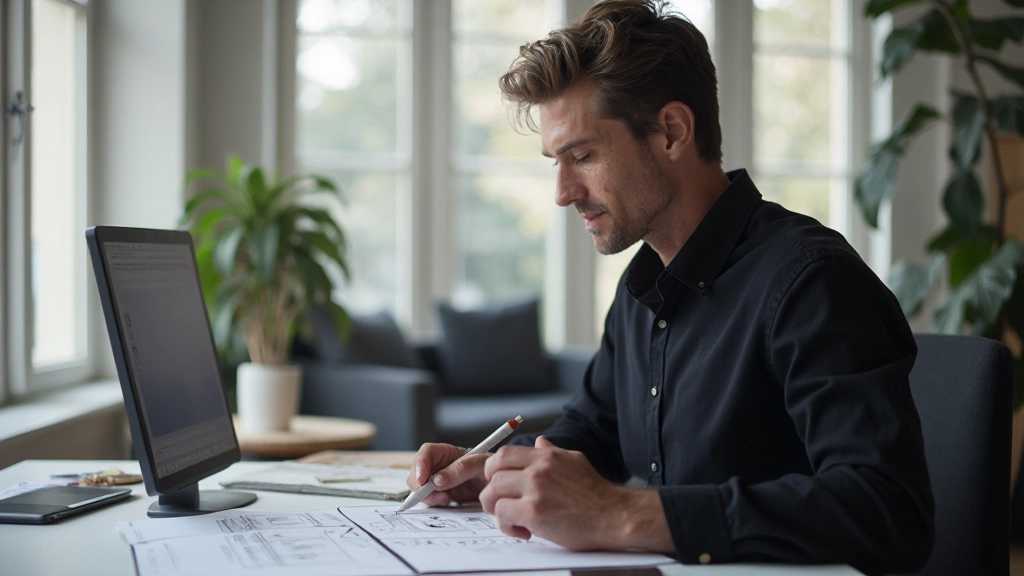 Notizbuch mit strukturierten Research-Notizen, Mindmap und Farbmarkierungen, Stift liegt daneben