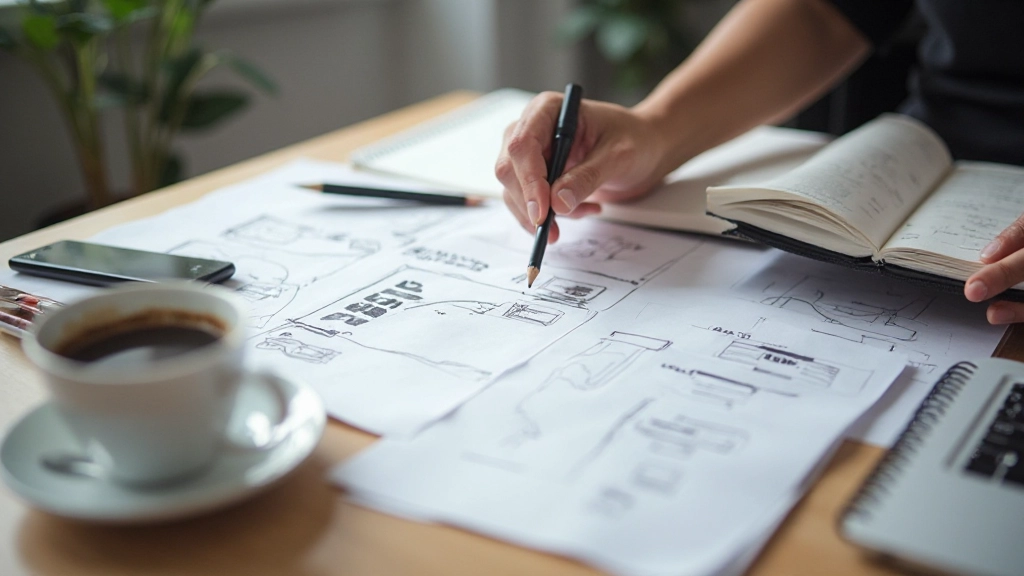 Close-up von Skizzen und Wireframes auf einem Designer-Schreibtisch mit Stiften und Design-Notizen