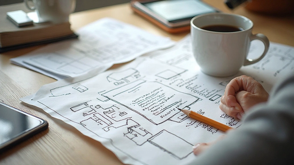 Wireframe-Skizzen auf Papier mit Bleistift und Radierer, neben einem Kaffee