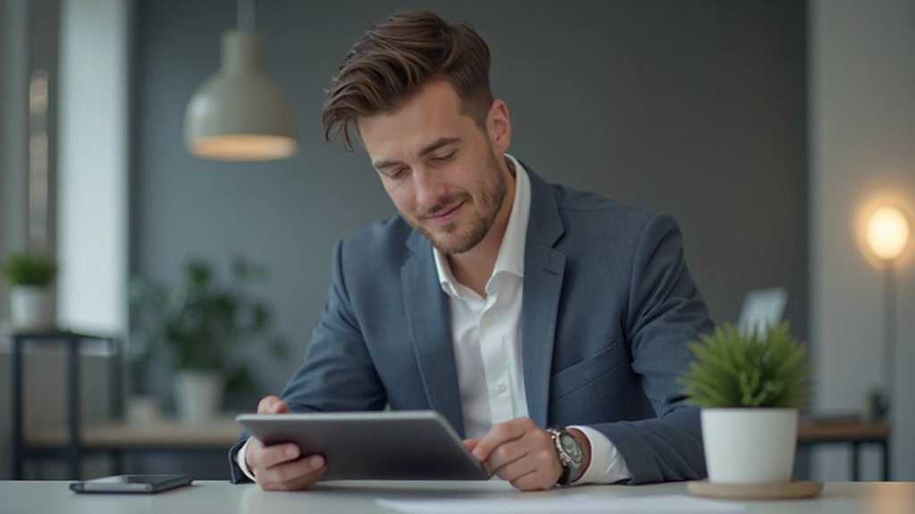 Benutzer sitzt am Schreibtisch und interagiert mit einem Tablet, das ein mobiles Interface zeigt