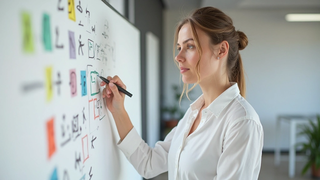 Whiteboard mit Research-Methoden skizziert, farbenfrohe Notizen und Diagramme, Designer arbeitet aktiv mit Stiften