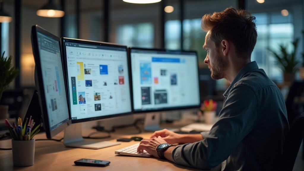 Designer arbeitet an UI-Komponenten auf einem modernen Arbeitsplatz mit mehreren Bildschirmen und Design-Tools